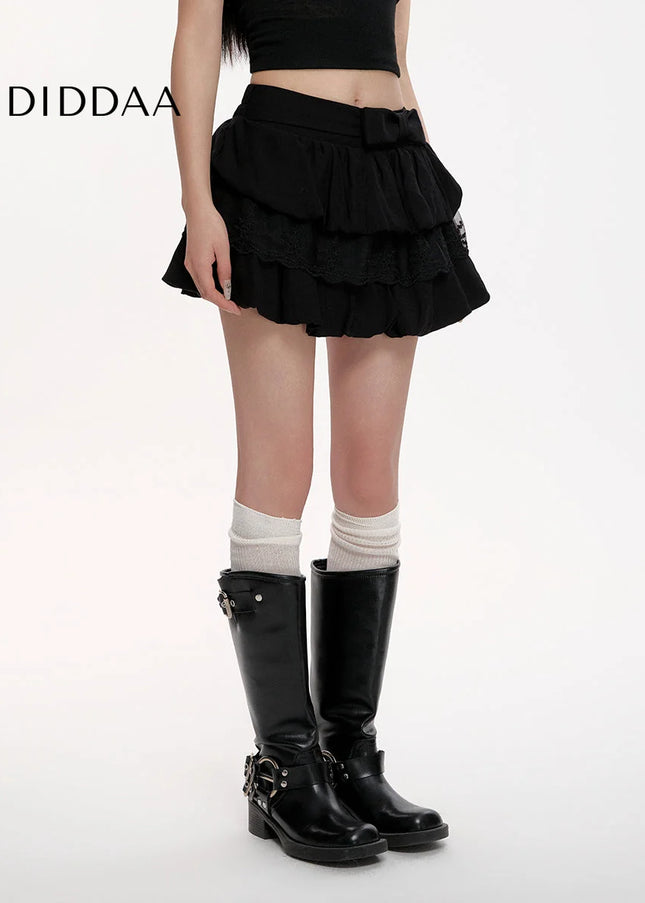 Black Lace High Waist Pleated A-Line Skirt for Women - Skirts