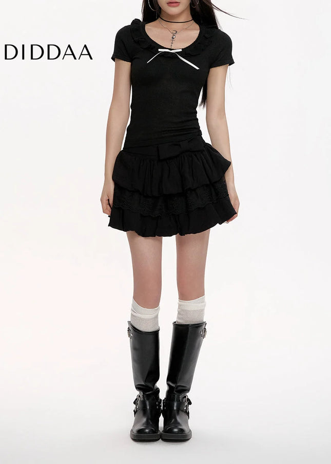 Black Lace High Waist Pleated A-Line Skirt for Women - Skirts