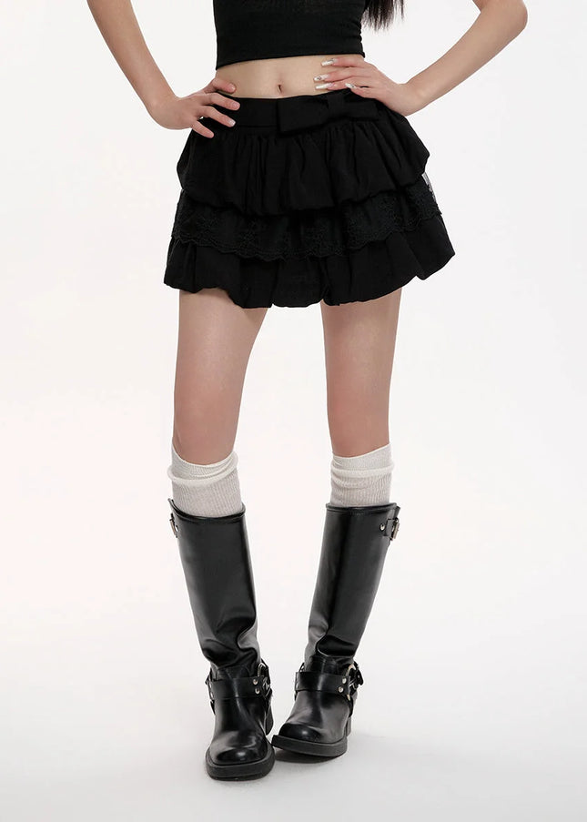 Black Lace High Waist Pleated A-Line Skirt for Women - Skirts