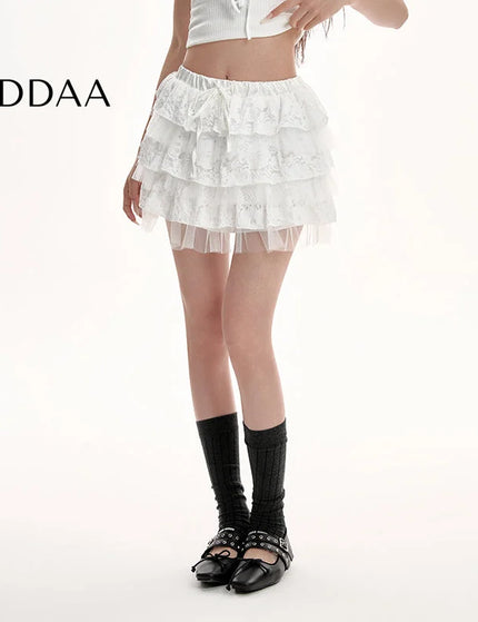Black Lace High-Waisted A-Line Puffy Skirt for Women - S / White - Skirts
