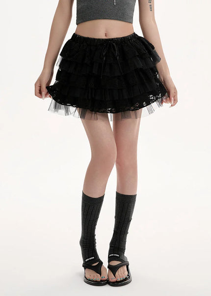 Black Lace High-Waisted A-Line Puffy Skirt for Women - Skirts