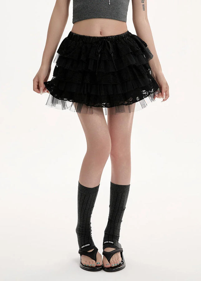 Black Lace High-Waisted A-Line Puffy Skirt for Women - Skirts