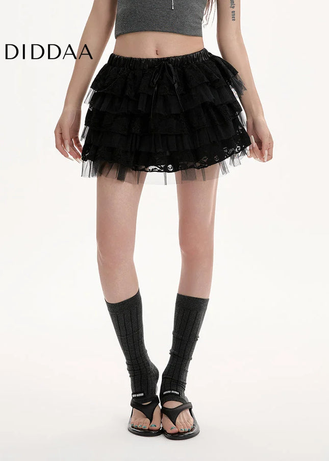 Black Lace High-Waisted A-Line Puffy Skirt for Women - Skirts