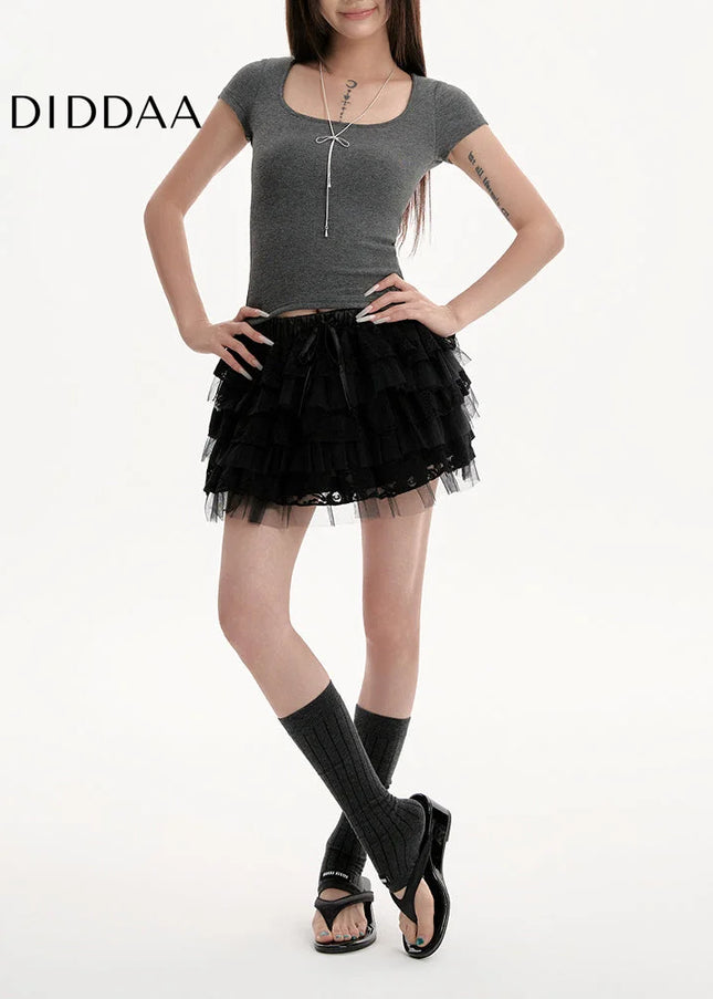 Black Lace High-Waisted A-Line Puffy Skirt for Women - Skirts