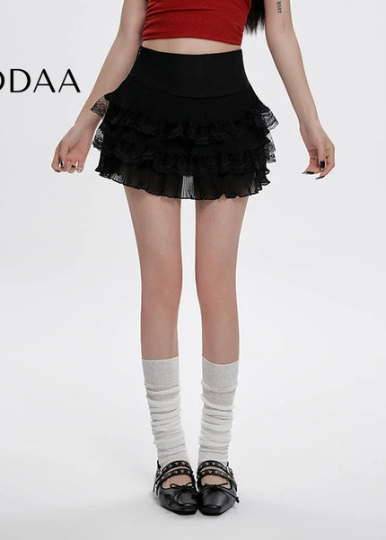 Black Lace Pressed Pleated High Waist A-Line Skirt - S / Black - Skirts