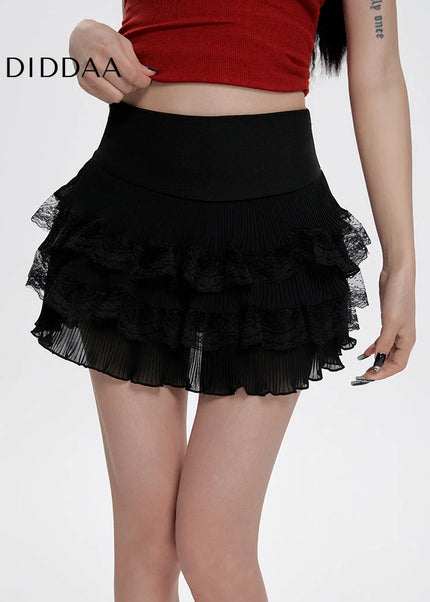 Black Lace Pressed Pleated High Waist A-Line Skirt - Skirts