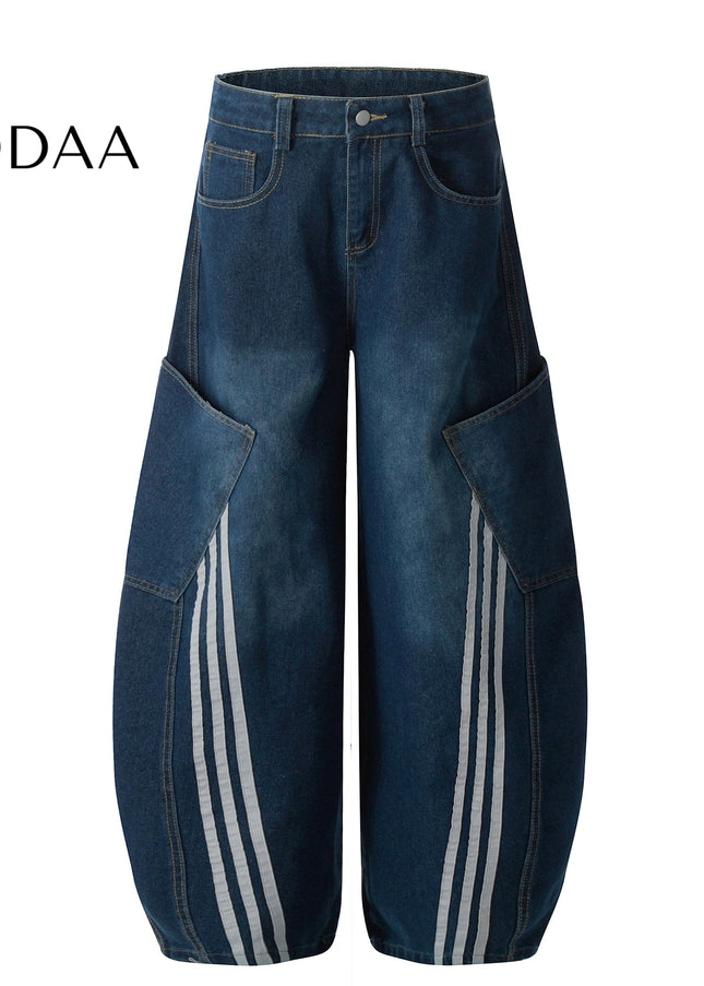 Black Large Pocket Cargo Scimitar Jeans Wide-Leg Pants - S / Dark Blue - Women’s Jeans