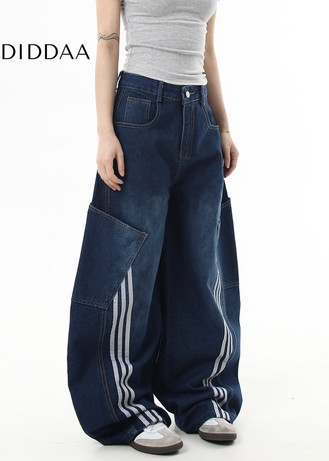 Black Large Pocket Cargo Scimitar Jeans Wide-Leg Pants - Women’s Jeans