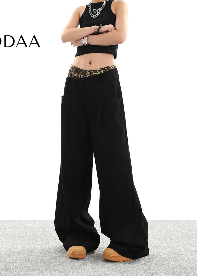 Black Leopard Print Panel Wide Leg Casual Pants - S / Black - Women’s Jeans