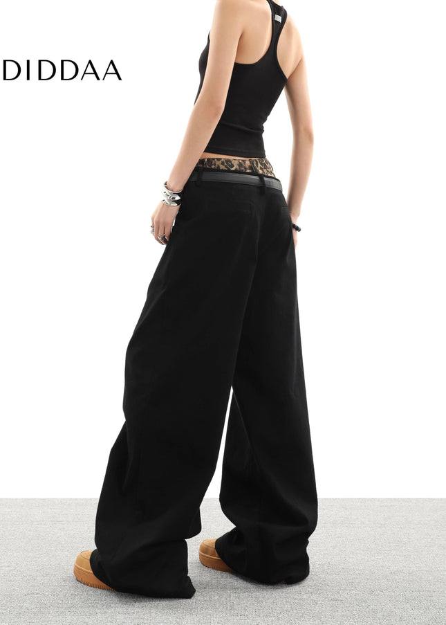 Black Leopard Print Panel Wide Leg Casual Pants - Women’s Jeans