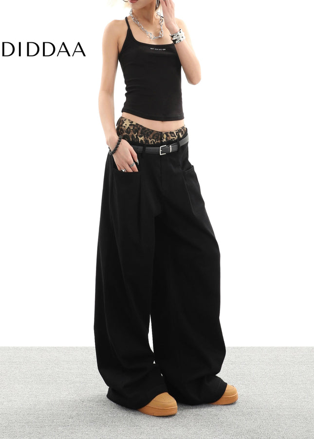 Black Leopard Print Panel Wide Leg Casual Pants - Women’s Jeans