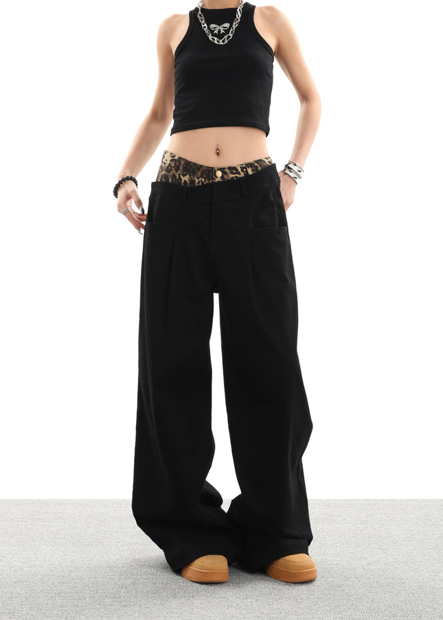 Black Leopard Print Panel Wide Leg Casual Pants - Women’s Jeans