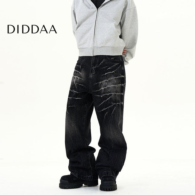 Black Lightning Pattern Wide-Leg Jeans Men’s Loose Fit - S / Black - Women’s Jeans