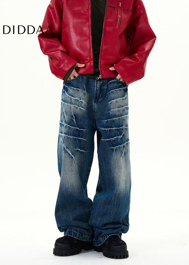 Black Lightning Pattern Wide-Leg Jeans Men’s Loose Fit - Women’s Jeans