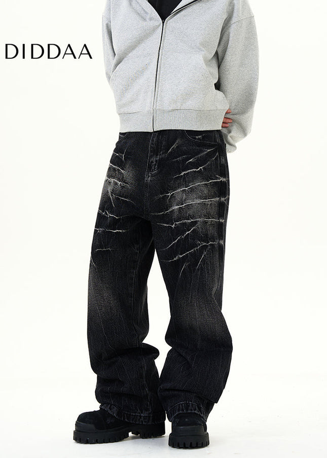 Black Lightning Pattern Wide-Leg Jeans Men’s Loose Fit - Women’s Jeans