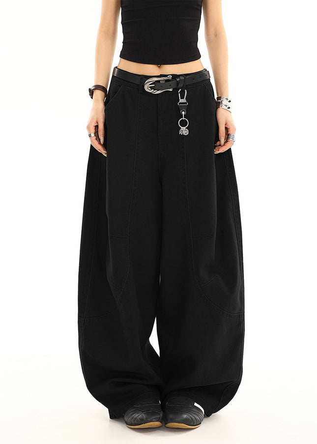 Black Loose Draped Wide Leg Scimitar Jeans for Women - Women’s Jeans