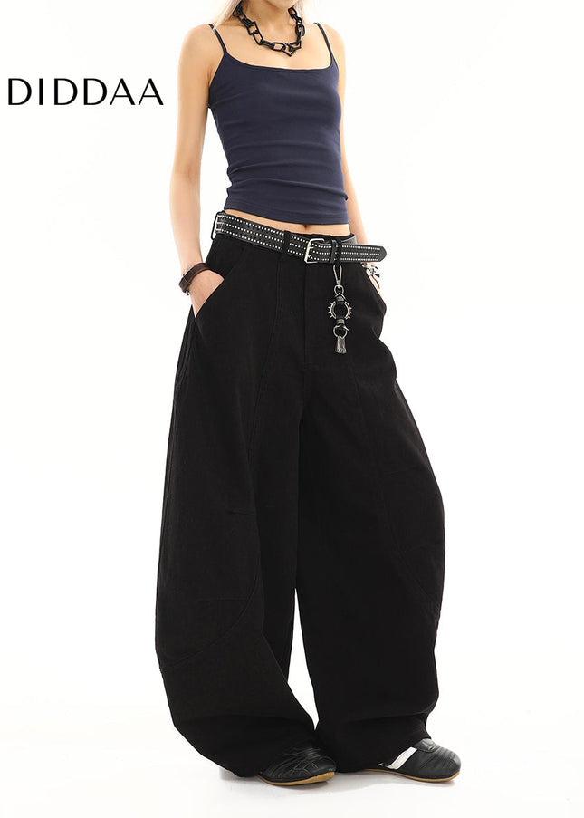 Black Loose Draped Wide Leg Scimitar Jeans for Women - Women’s Jeans
