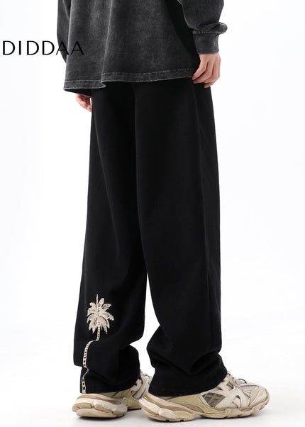 Black Loose Fit Coconut Embroidered Wide Leg Jeans - Men’s Jeans