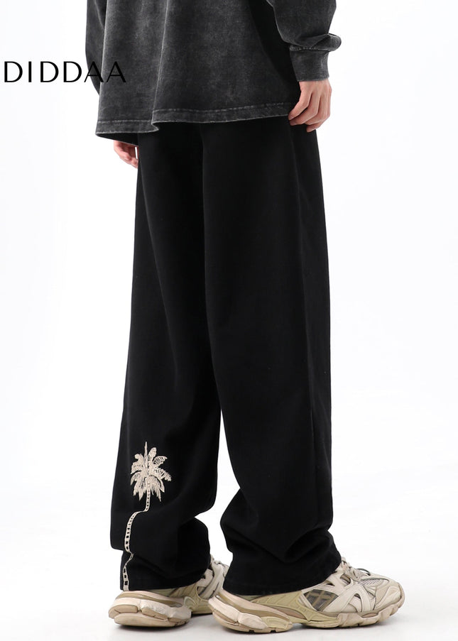 Black Loose Fit Coconut Embroidered Wide Leg Jeans - Men’s Jeans