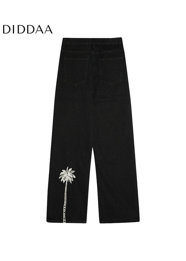 Black Loose Fit Coconut Embroidered Wide Leg Jeans - Men’s Jeans
