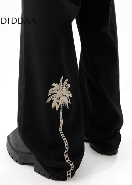 Black Loose Fit Coconut Embroidered Wide Leg Jeans - Men’s Jeans