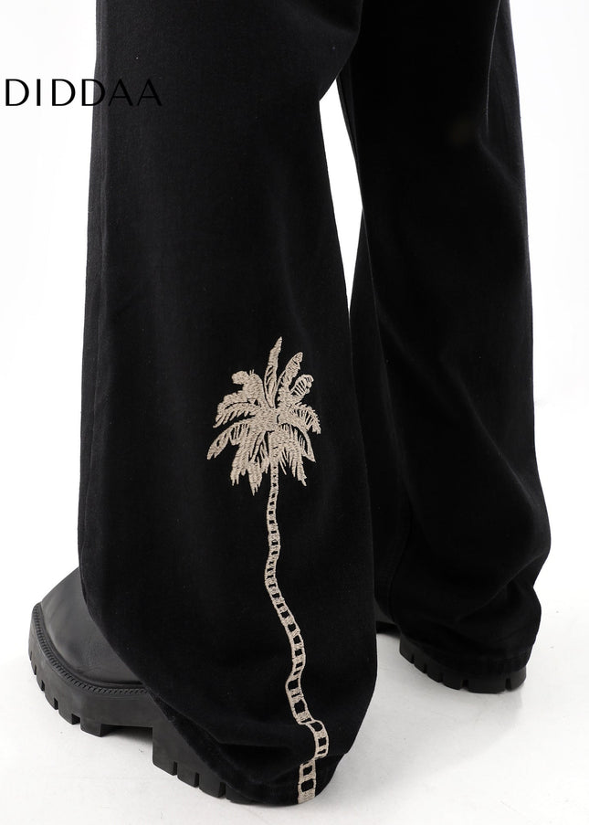 Black Loose Fit Coconut Embroidered Wide Leg Jeans - Men’s Jeans