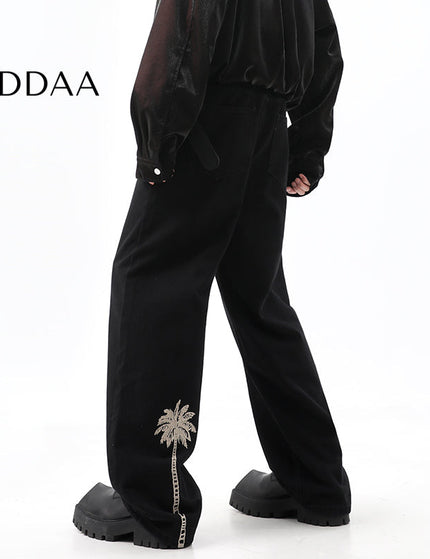 Black Loose Fit Coconut Embroidered Wide Leg Jeans - S / Black - Men’s Jeans