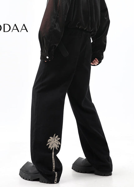 Black Loose Fit Coconut Embroidered Wide Leg Jeans - S / Black - Men’s Jeans
