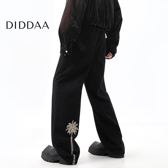 Black Loose Fit Coconut Embroidered Wide Leg Jeans - S / Black - Men’s Jeans