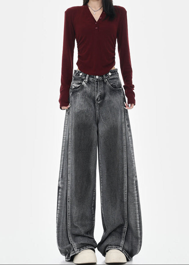 Black Loose Fit Cotton Wide Leg Jeans - Women’s Jeans