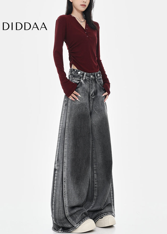 Black Loose Fit Cotton Wide Leg Jeans - Women’s Jeans