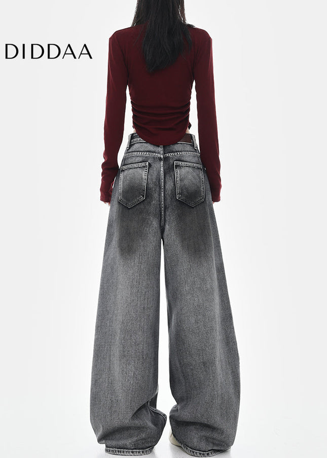 Black Loose Fit Cotton Wide Leg Jeans - Women’s Jeans