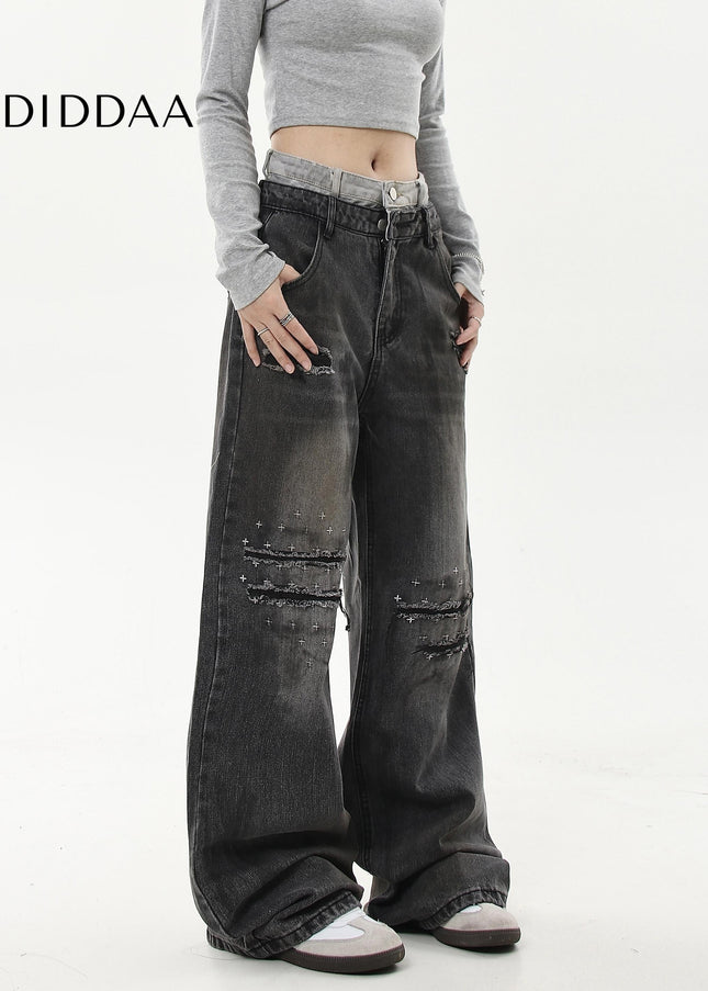 Black Loose Fit Double Waist Jeans for Men and Women - Women’s Jeans