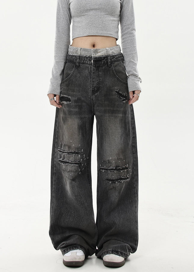 Black Loose Fit Double Waist Jeans for Men and Women - Women’s Jeans