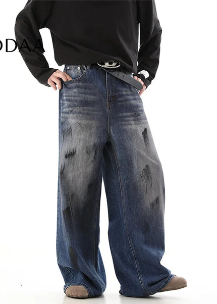 Black Loose Fit Graffiti Wide-Legged Jeans - S / Blue - Men’s Jeans