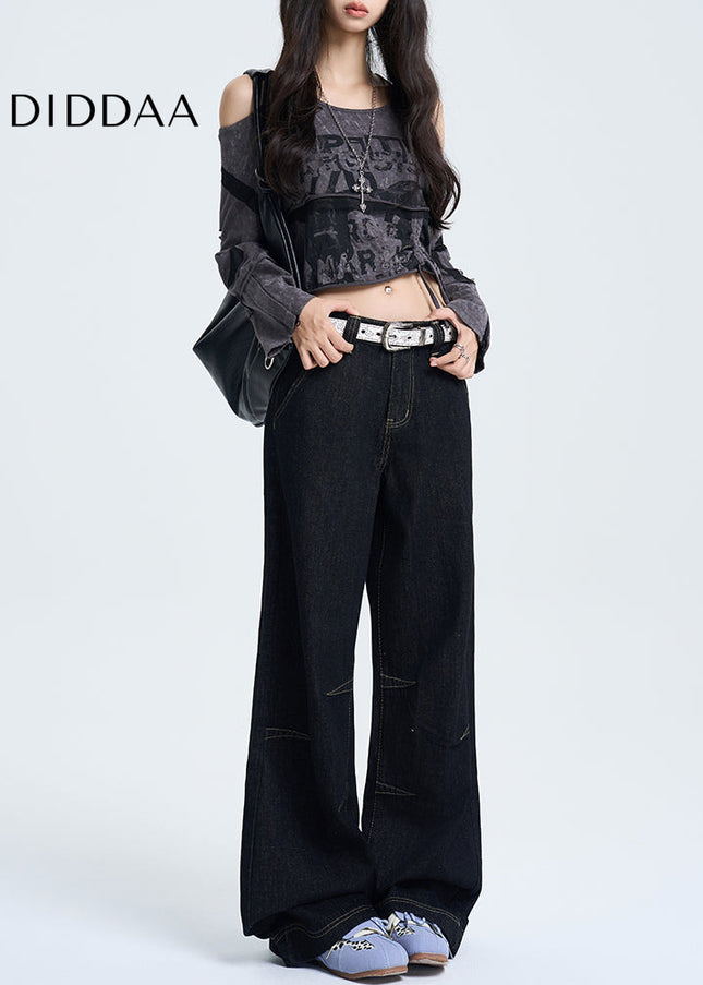 Black Loose Fit Retro Wide-Leg Jeans 2025 Spring Edition - Women’s Jeans