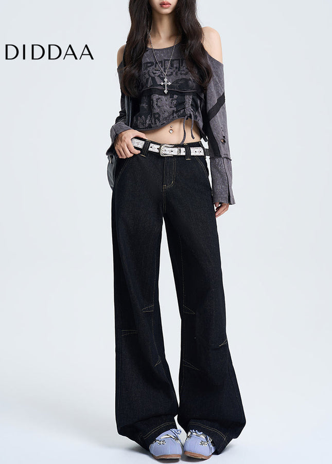 Black Loose Fit Retro Wide-Leg Jeans 2025 Spring Edition - Women’s Jeans