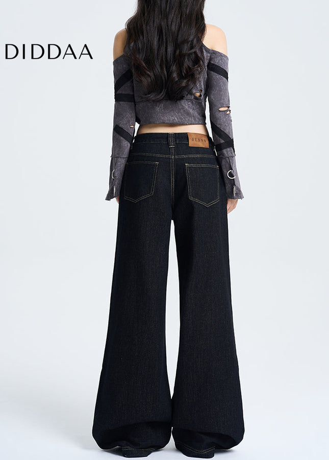 Black Loose Fit Retro Wide-Leg Jeans 2025 Spring Edition - Women’s Jeans