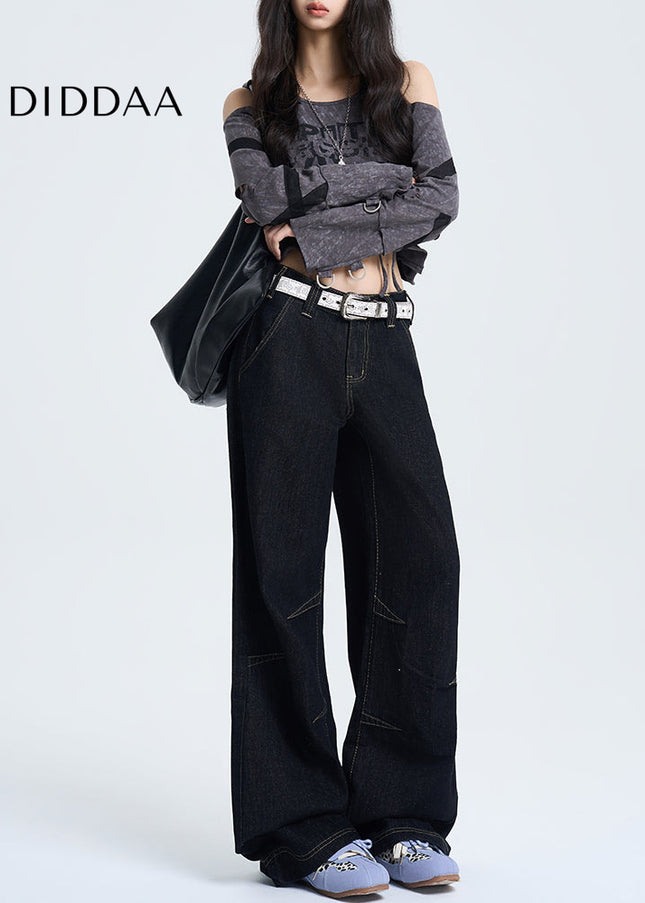 Black Loose Fit Retro Wide-Leg Jeans 2025 Spring Edition - Women’s Jeans