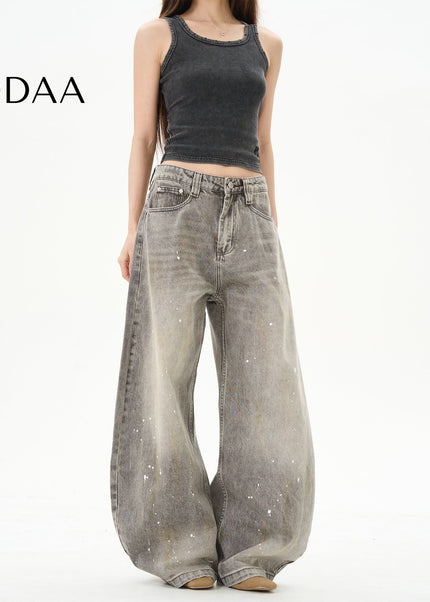 Black Loose Fit Splashed Ink Jeans for Couples - S / Grey - Women’s Jeans