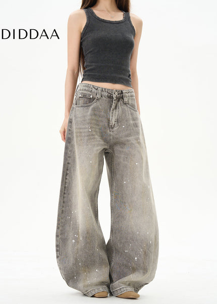 Black Loose Fit Splashed Ink Jeans for Couples - Women’s Jeans