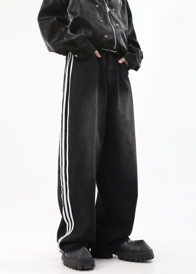 Black Loose Fit Three-Bar Stripe Jeans - Men’s Jeans