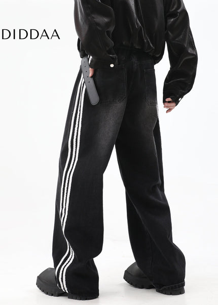 Black Loose Fit Three-Bar Stripe Jeans - Men’s Jeans