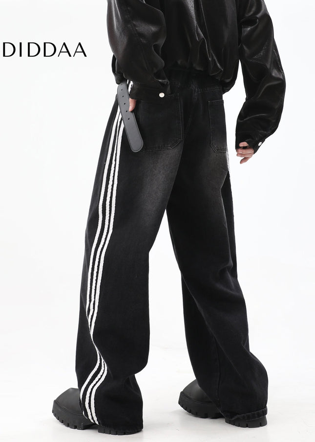 Black Loose Fit Three-Bar Stripe Jeans - Men’s Jeans