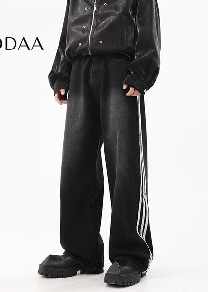 Black Loose Fit Three-Bar Stripe Jeans - S / Black - Men’s Jeans