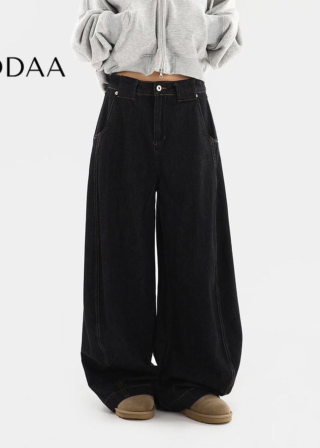 Black Loose Fit Wide Leg Jeans with Niche Design - S / Black - Women’s Jeans