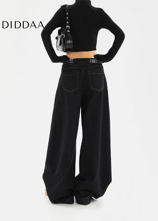 Black Loose Fit Wide Leg Jeans with Niche Design - Women’s Jeans