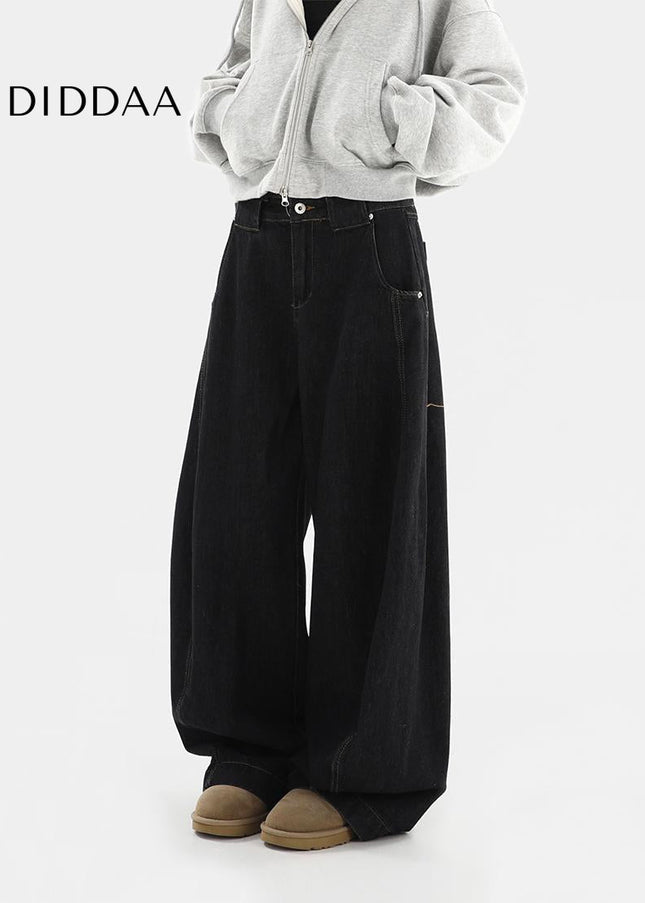 Black Loose Fit Wide Leg Jeans with Niche Design - Women’s Jeans