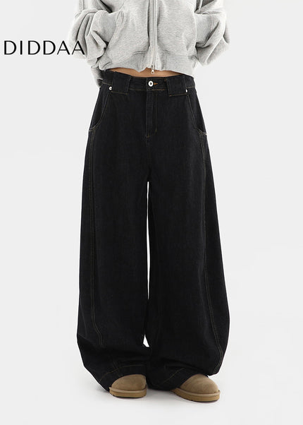 Black Loose Fit Wide Leg Jeans with Niche Design - Women’s Jeans
