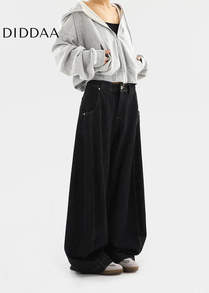 Black Loose Fit Wide Leg Jeans with Niche Design - Women’s Jeans